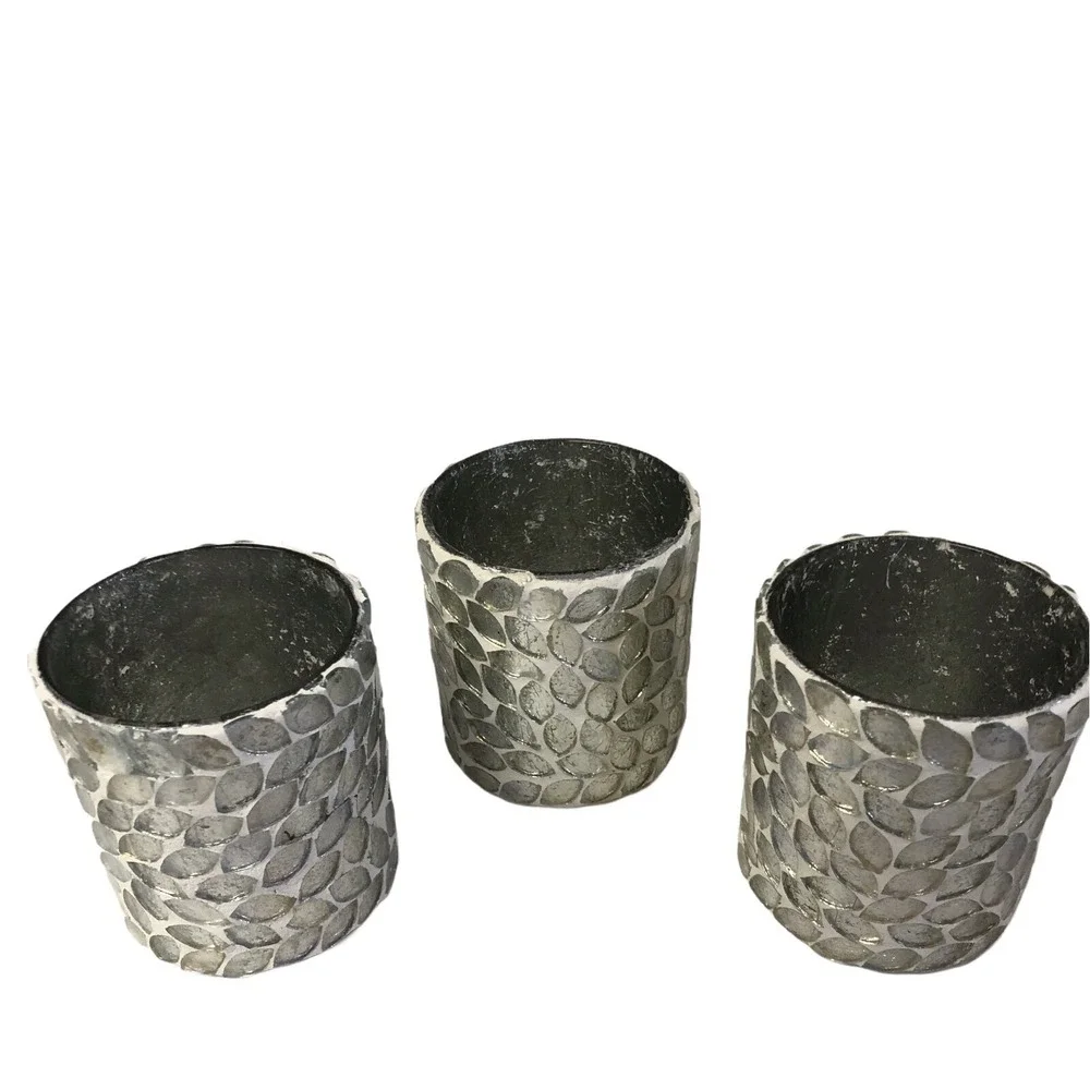 Votive Candle Holders Set 3 Silver Leaf Mosaic Glass Decor 3 1/2" X 3" - Picture 3 of 9